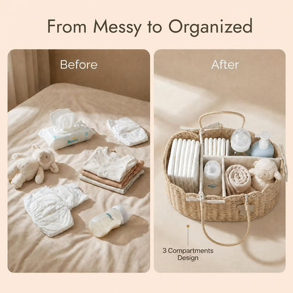 Diaper Caddy Organizer, Seagrass Nursery Baby Basket for Baby Essentials, Scalloped Wicker Diaper Caddy, Baby Shower Gifts (Diamond)