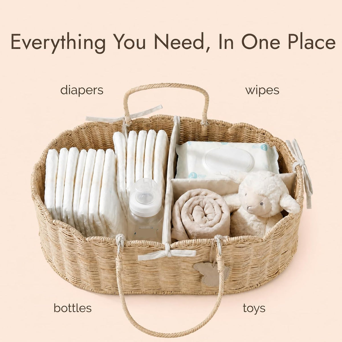 Diaper Caddy Organizer, Seagrass Nursery Baby Basket for Baby Essentials, Scalloped Wicker Diaper Caddy, Baby Shower Gifts (Diamond)