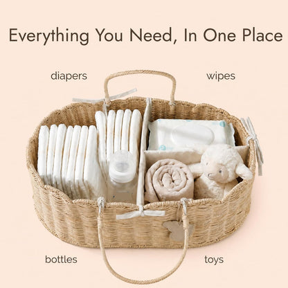 Diaper Caddy Organizer, Seagrass Nursery Baby Basket for Baby Essentials, Scalloped Wicker Diaper Caddy, Baby Shower Gifts (Diamond)
