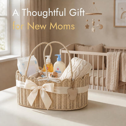 Diaper Caddy Organizer, Seagrass Nursery Baby Basket for Baby Essentials, Scalloped Wicker Diaper Caddy, Baby Shower Gifts (Diamond)