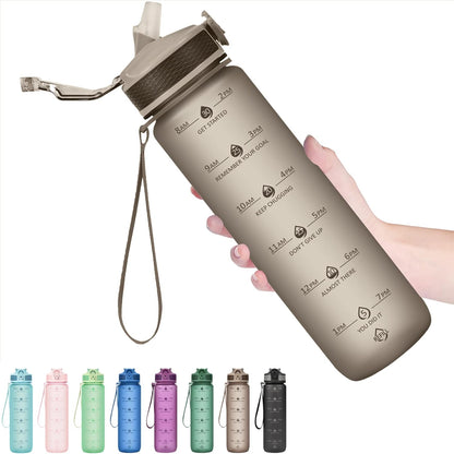 Plastic Water Bottle With Straw & Time Marker, 32oz Leakproof Jug | Motivational Tritan BPA Free Gym Office Outdoor Intake Tracker Hourly Reminder Straw Lid Lightweight
