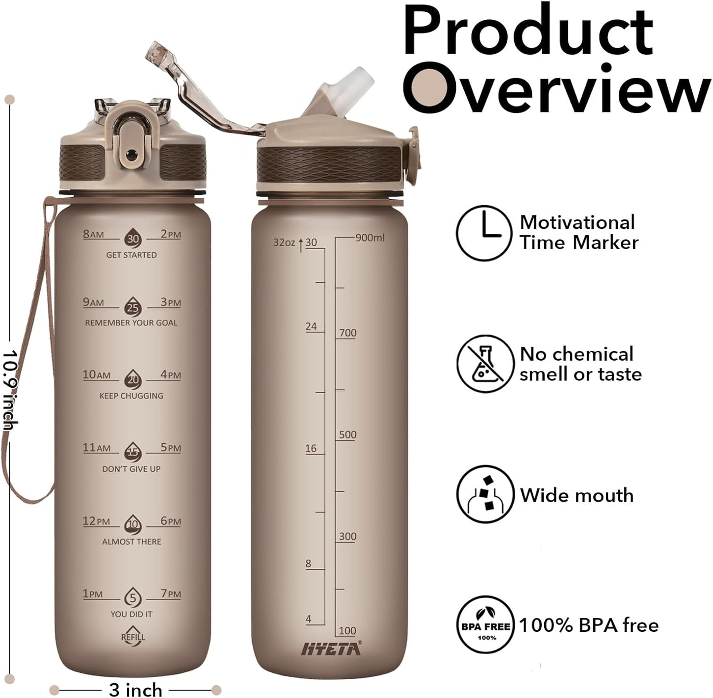 Plastic Water Bottle With Straw & Time Marker, 32oz Leakproof Jug | Motivational Tritan BPA Free Gym Office Outdoor Intake Tracker Hourly Reminder Straw Lid Lightweight