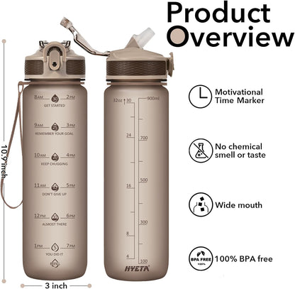 Plastic Water Bottle With Straw & Time Marker, 32oz Leakproof Jug | Motivational Tritan BPA Free Gym Office Outdoor Intake Tracker Hourly Reminder Straw Lid Lightweight