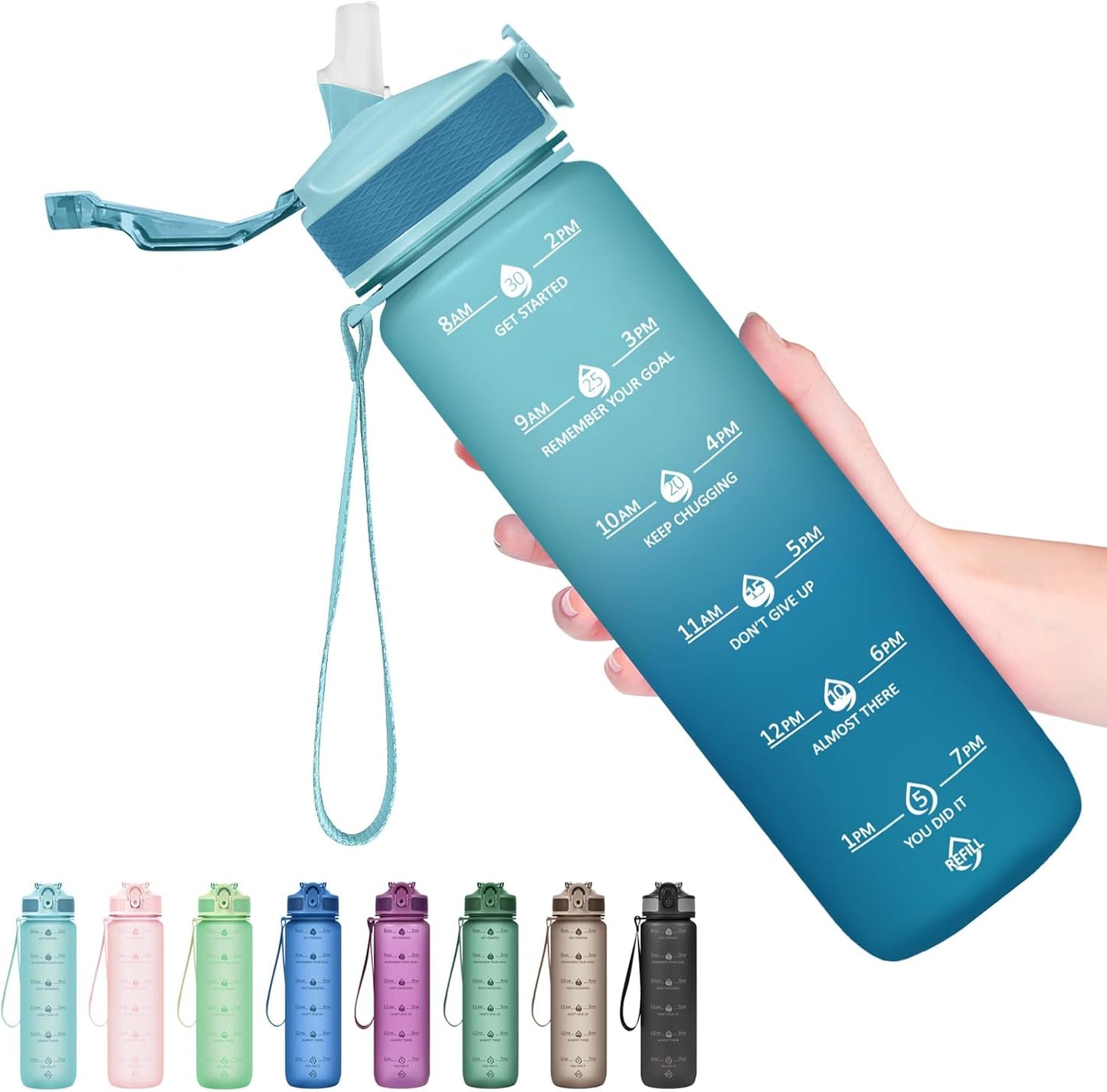 Plastic Water Bottle With Straw & Time Marker, 32oz Leakproof Jug | Motivational Tritan BPA Free Gym Office Outdoor Intake Tracker Hourly Reminder Straw Lid Lightweight