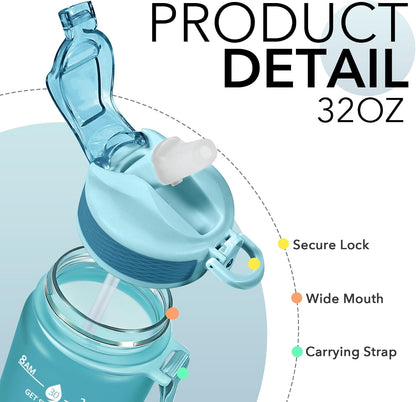 Plastic Water Bottle With Straw & Time Marker, 32oz Leakproof Jug | Motivational Tritan BPA Free Gym Office Outdoor Intake Tracker Hourly Reminder Straw Lid Lightweight