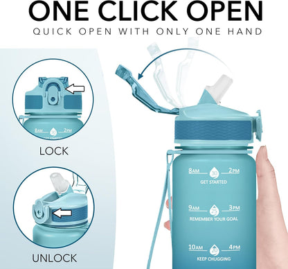 Plastic Water Bottle With Straw & Time Marker, 32oz Leakproof Jug | Motivational Tritan BPA Free Gym Office Outdoor Intake Tracker Hourly Reminder Straw Lid Lightweight