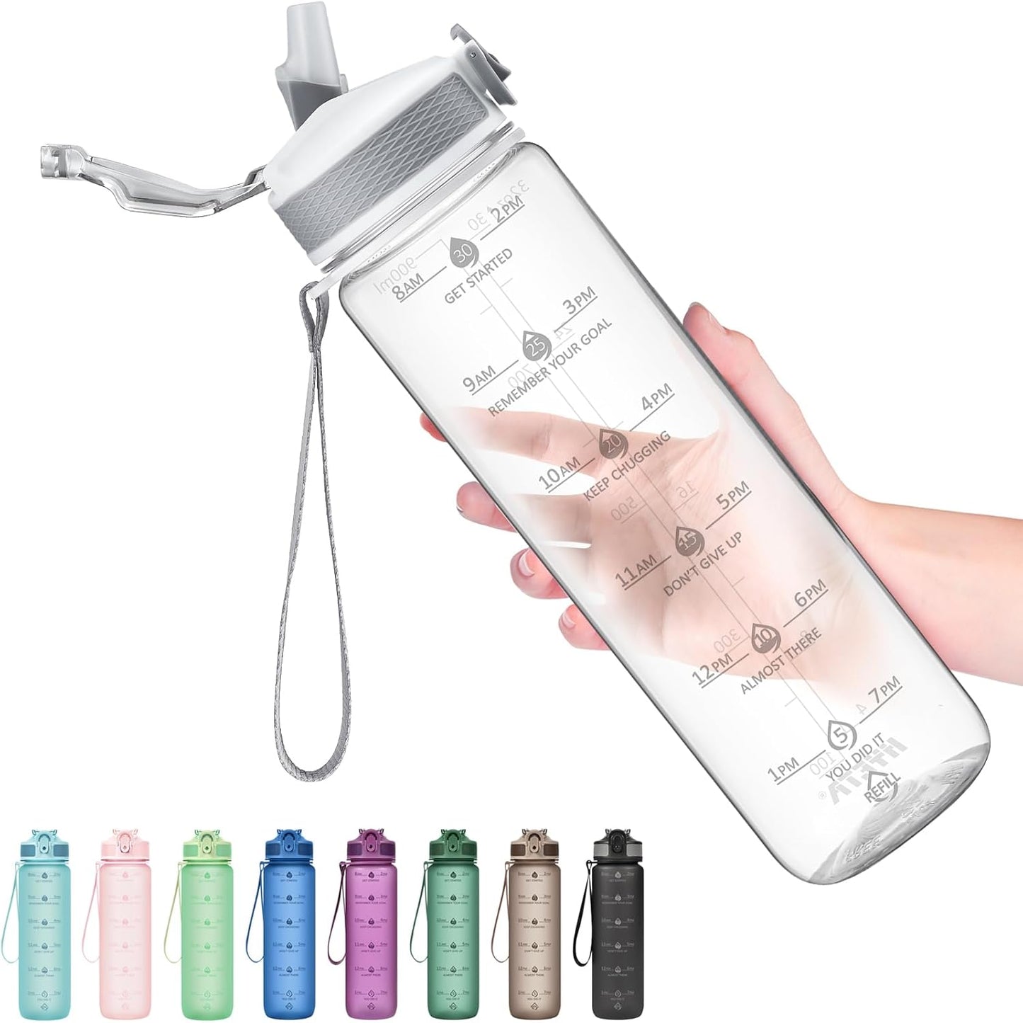 Plastic Water Bottle With Straw & Time Marker, 32oz Leakproof Jug | Motivational Tritan BPA Free Gym Office Outdoor Intake Tracker Hourly Reminder Straw Lid Lightweight