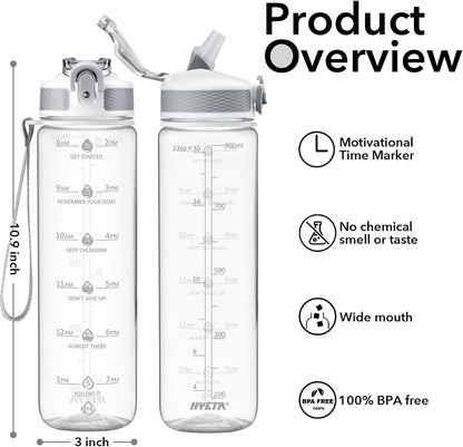 Plastic Water Bottle With Straw & Time Marker, 32oz Leakproof Jug | Motivational Tritan BPA Free Gym Office Outdoor Intake Tracker Hourly Reminder Straw Lid Lightweight