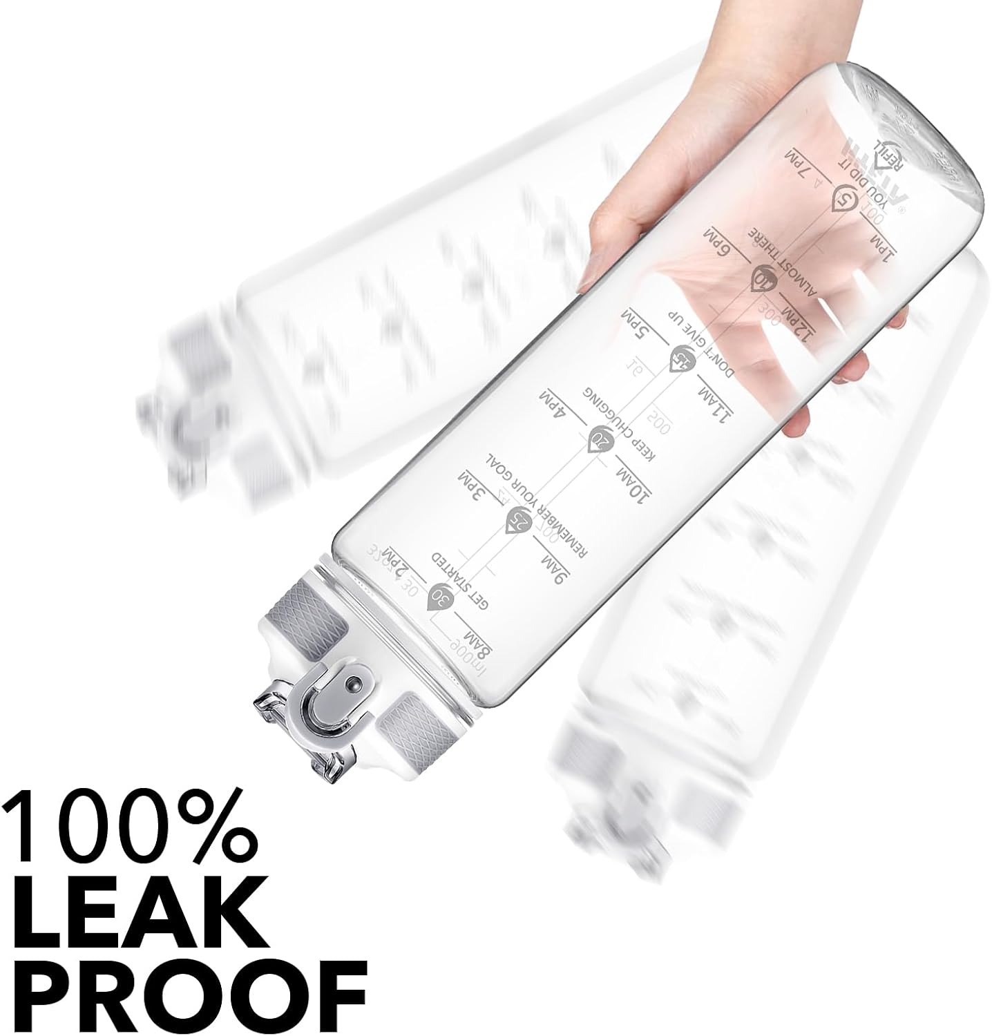 Plastic Water Bottle With Straw & Time Marker, 32oz Leakproof Jug | Motivational Tritan BPA Free Gym Office Outdoor Intake Tracker Hourly Reminder Straw Lid Lightweight