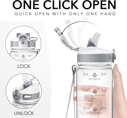 Plastic Water Bottle With Straw & Time Marker, 32oz Leakproof Jug | Motivational Tritan BPA Free Gym Office Outdoor Intake Tracker Hourly Reminder Straw Lid Lightweight