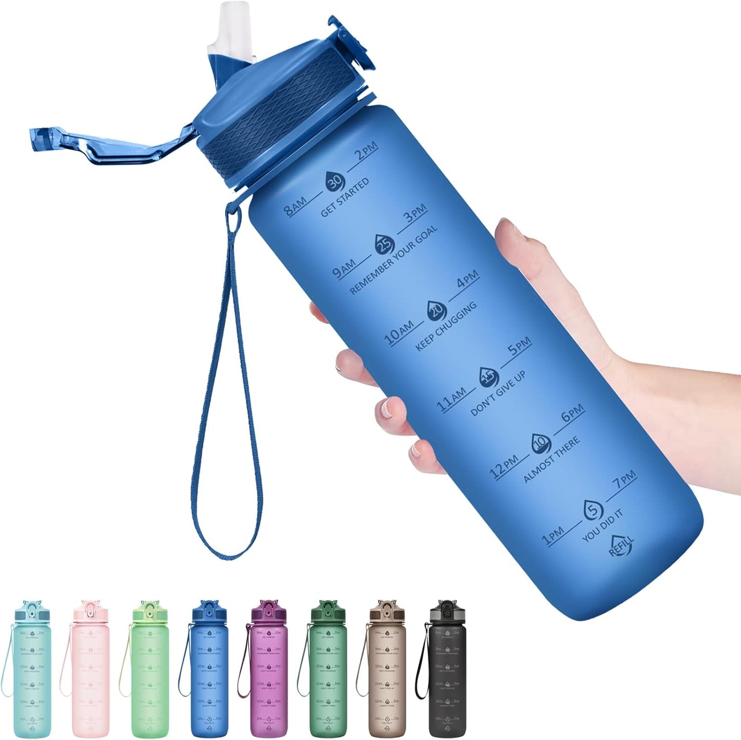Plastic Water Bottle With Straw & Time Marker, 32oz Leakproof Jug | Motivational Tritan BPA Free Gym Office Outdoor Intake Tracker Hourly Reminder Straw Lid Lightweight