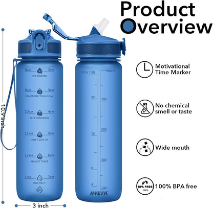 Plastic Water Bottle With Straw & Time Marker, 32oz Leakproof Jug | Motivational Tritan BPA Free Gym Office Outdoor Intake Tracker Hourly Reminder Straw Lid Lightweight