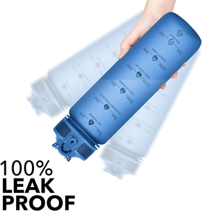 Plastic Water Bottle With Straw & Time Marker, 32oz Leakproof Jug | Motivational Tritan BPA Free Gym Office Outdoor Intake Tracker Hourly Reminder Straw Lid Lightweight