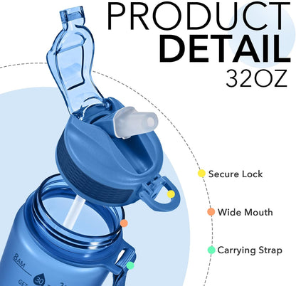 Plastic Water Bottle With Straw & Time Marker, 32oz Leakproof Jug | Motivational Tritan BPA Free Gym Office Outdoor Intake Tracker Hourly Reminder Straw Lid Lightweight