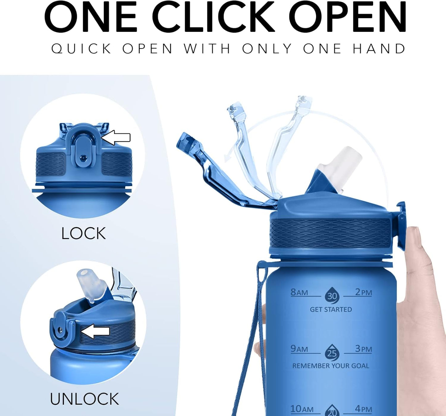 Plastic Water Bottle With Straw & Time Marker, 32oz Leakproof Jug | Motivational Tritan BPA Free Gym Office Outdoor Intake Tracker Hourly Reminder Straw Lid Lightweight