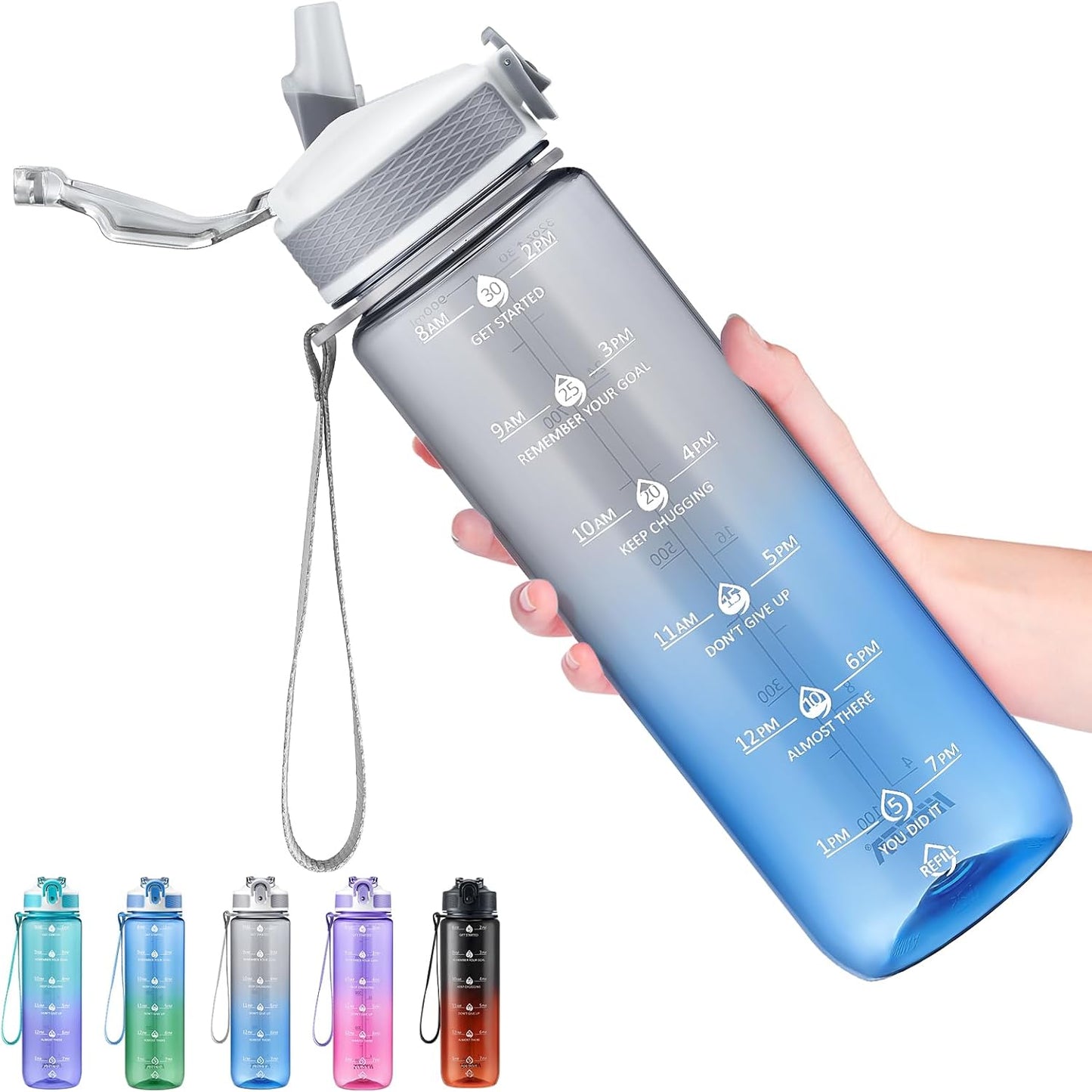 Plastic Water Bottle With Straw & Time Marker, 32oz Leakproof Jug | Motivational Tritan BPA Free Gym Office Outdoor Intake Tracker Hourly Reminder Straw Lid Lightweight