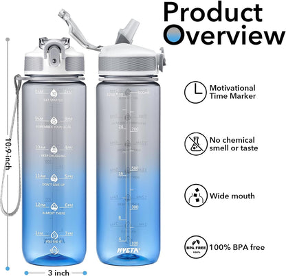 Plastic Water Bottle With Straw & Time Marker, 32oz Leakproof Jug | Motivational Tritan BPA Free Gym Office Outdoor Intake Tracker Hourly Reminder Straw Lid Lightweight