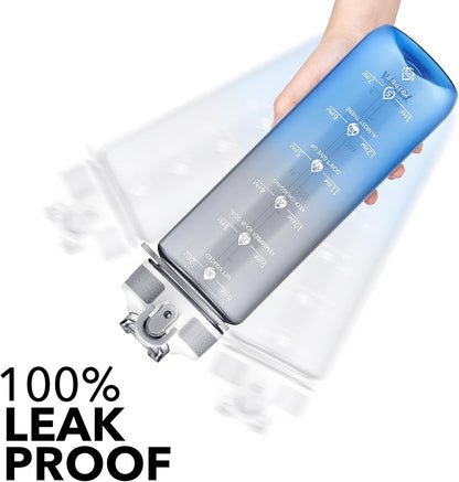 Plastic Water Bottle With Straw & Time Marker, 32oz Leakproof Jug | Motivational Tritan BPA Free Gym Office Outdoor Intake Tracker Hourly Reminder Straw Lid Lightweight