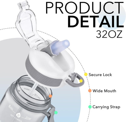 Plastic Water Bottle With Straw & Time Marker, 32oz Leakproof Jug | Motivational Tritan BPA Free Gym Office Outdoor Intake Tracker Hourly Reminder Straw Lid Lightweight