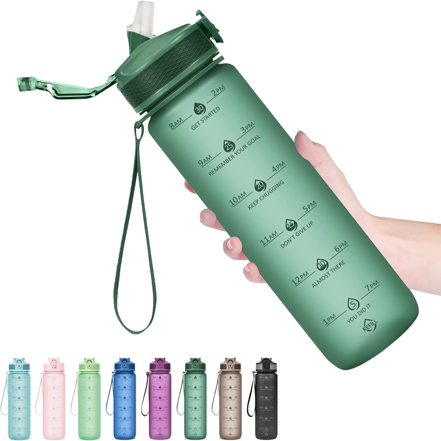 Plastic Water Bottle With Straw & Time Marker, 32oz Leakproof Jug | Motivational Tritan BPA Free Gym Office Outdoor Intake Tracker Hourly Reminder Straw Lid Lightweight