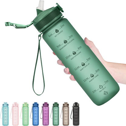 Plastic Water Bottle With Straw & Time Marker, 32oz Leakproof Jug | Motivational Tritan BPA Free Gym Office Outdoor Intake Tracker Hourly Reminder Straw Lid Lightweight