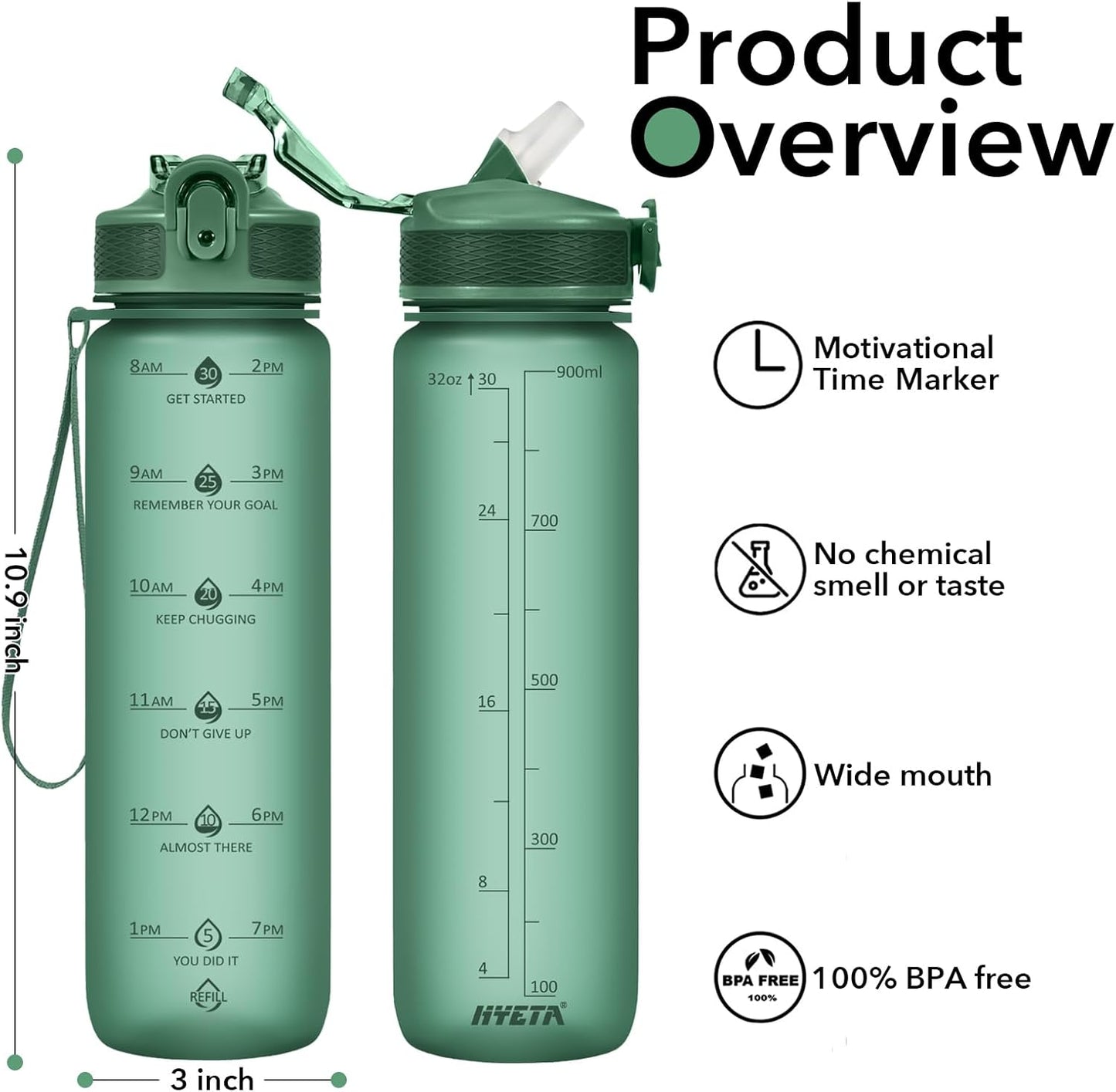 Plastic Water Bottle With Straw & Time Marker, 32oz Leakproof Jug | Motivational Tritan BPA Free Gym Office Outdoor Intake Tracker Hourly Reminder Straw Lid Lightweight
