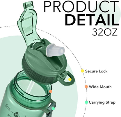 Plastic Water Bottle With Straw & Time Marker, 32oz Leakproof Jug | Motivational Tritan BPA Free Gym Office Outdoor Intake Tracker Hourly Reminder Straw Lid Lightweight