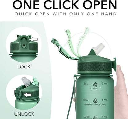Plastic Water Bottle With Straw & Time Marker, 32oz Leakproof Jug | Motivational Tritan BPA Free Gym Office Outdoor Intake Tracker Hourly Reminder Straw Lid Lightweight