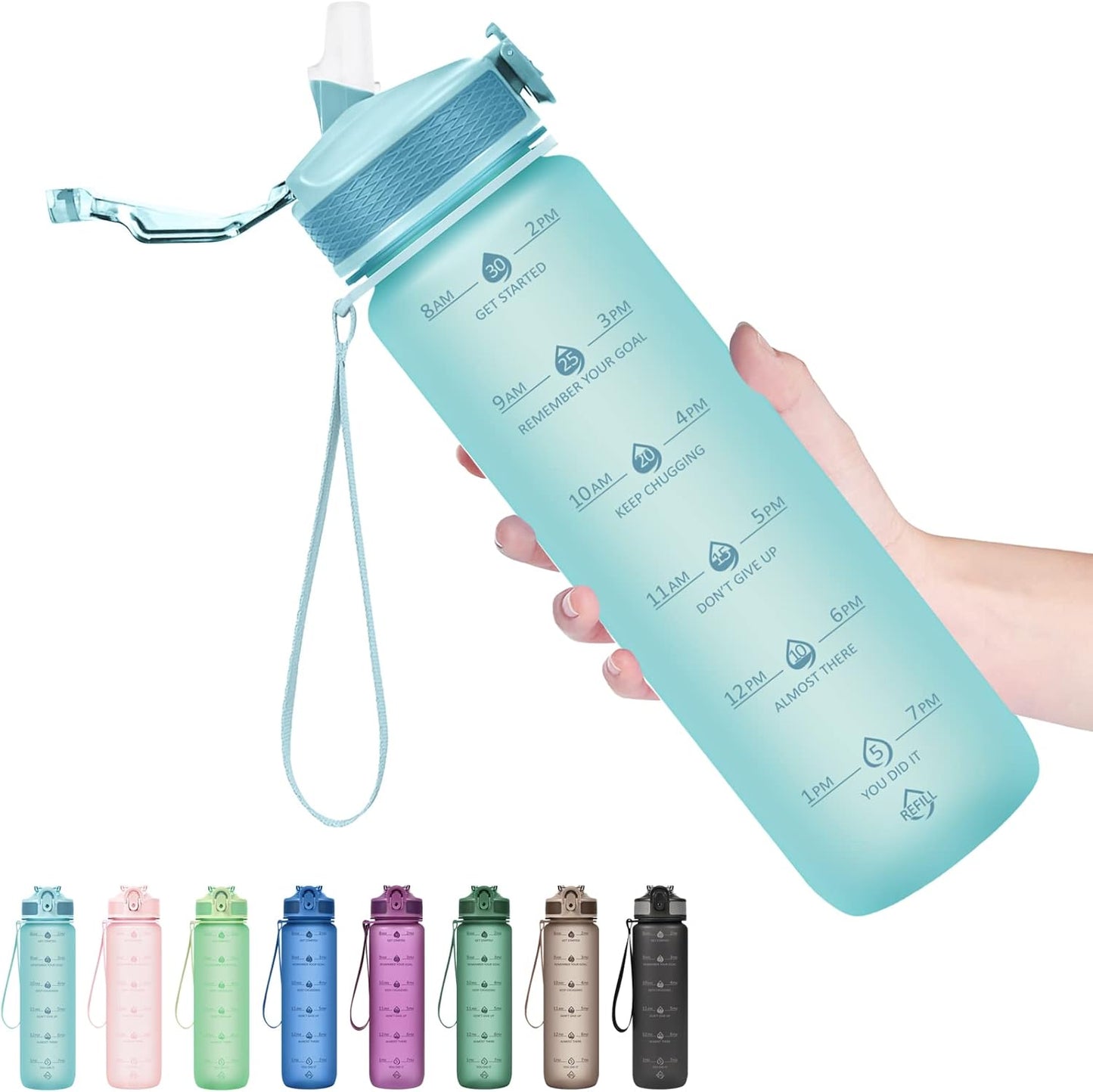 Plastic Water Bottle With Straw & Time Marker, 32oz Leakproof Jug | Motivational Tritan BPA Free Gym Office Outdoor Intake Tracker Hourly Reminder Straw Lid Lightweight