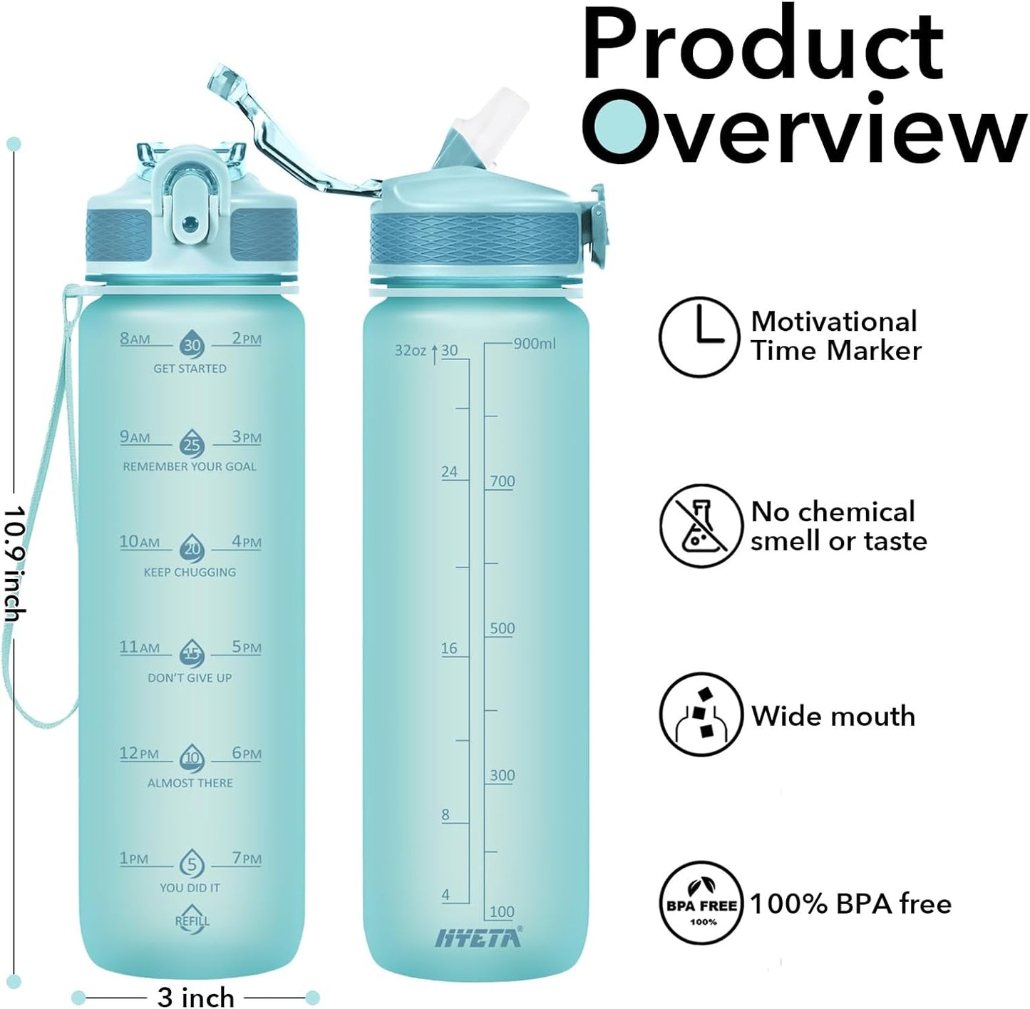 Plastic Water Bottle With Straw & Time Marker, 32oz Leakproof Jug | Motivational Tritan BPA Free Gym Office Outdoor Intake Tracker Hourly Reminder Straw Lid Lightweight