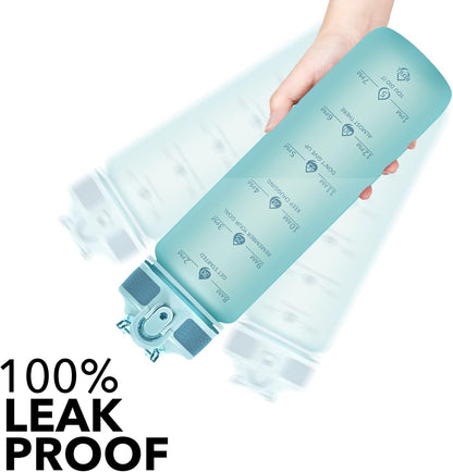 Plastic Water Bottle With Straw & Time Marker, 32oz Leakproof Jug | Motivational Tritan BPA Free Gym Office Outdoor Intake Tracker Hourly Reminder Straw Lid Lightweight