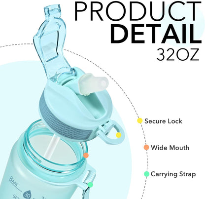Plastic Water Bottle With Straw & Time Marker, 32oz Leakproof Jug | Motivational Tritan BPA Free Gym Office Outdoor Intake Tracker Hourly Reminder Straw Lid Lightweight