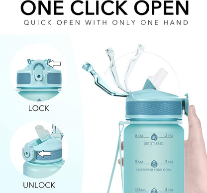 Plastic Water Bottle With Straw & Time Marker, 32oz Leakproof Jug | Motivational Tritan BPA Free Gym Office Outdoor Intake Tracker Hourly Reminder Straw Lid Lightweight