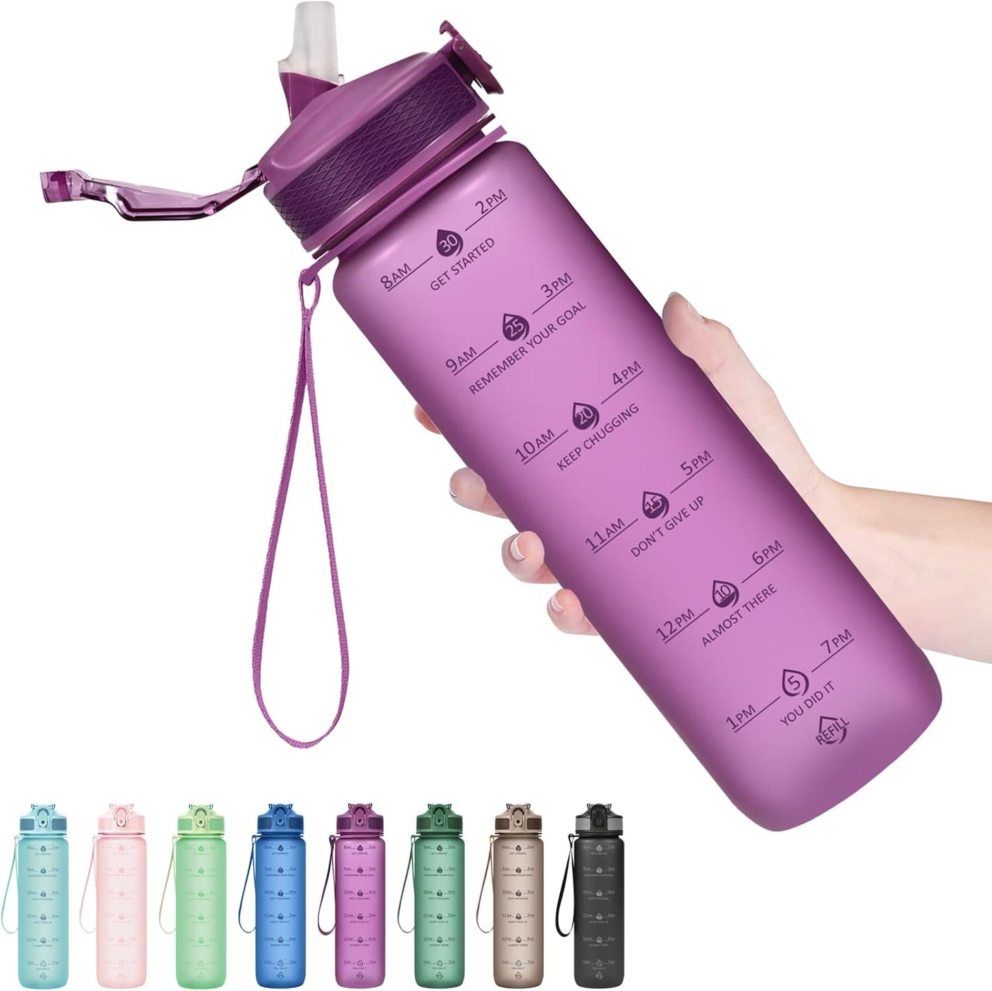 Plastic Water Bottle With Straw & Time Marker, 32oz Leakproof Jug | Motivational Tritan BPA Free Gym Office Outdoor Intake Tracker Hourly Reminder Straw Lid Lightweight