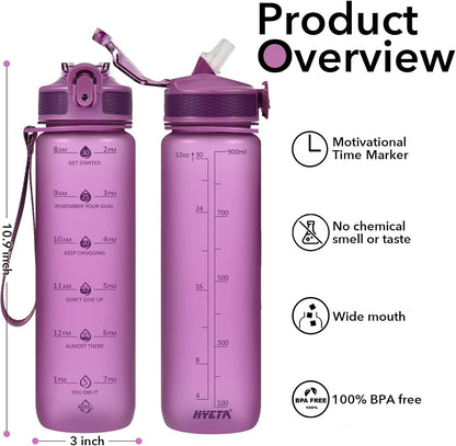 Plastic Water Bottle With Straw & Time Marker, 32oz Leakproof Jug | Motivational Tritan BPA Free Gym Office Outdoor Intake Tracker Hourly Reminder Straw Lid Lightweight