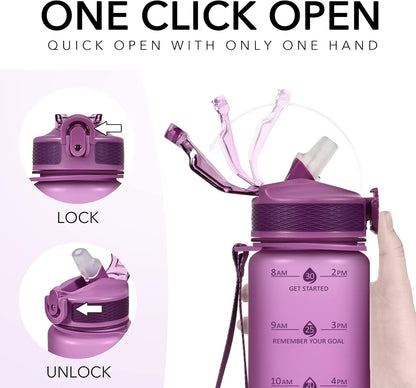 Plastic Water Bottle With Straw & Time Marker, 32oz Leakproof Jug | Motivational Tritan BPA Free Gym Office Outdoor Intake Tracker Hourly Reminder Straw Lid Lightweight