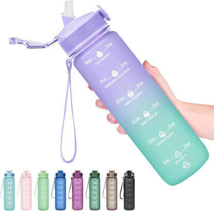 Plastic Water Bottle With Straw & Time Marker, 32oz Leakproof Jug | Motivational Tritan BPA Free Gym Office Outdoor Intake Tracker Hourly Reminder Straw Lid Lightweight