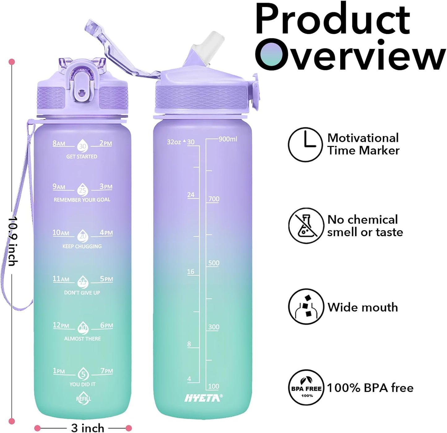 Plastic Water Bottle With Straw & Time Marker, 32oz Leakproof Jug | Motivational Tritan BPA Free Gym Office Outdoor Intake Tracker Hourly Reminder Straw Lid Lightweight