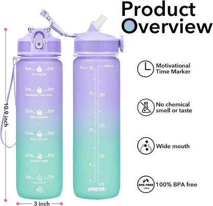 Plastic Water Bottle With Straw & Time Marker, 32oz Leakproof Jug | Motivational Tritan BPA Free Gym Office Outdoor Intake Tracker Hourly Reminder Straw Lid Lightweight