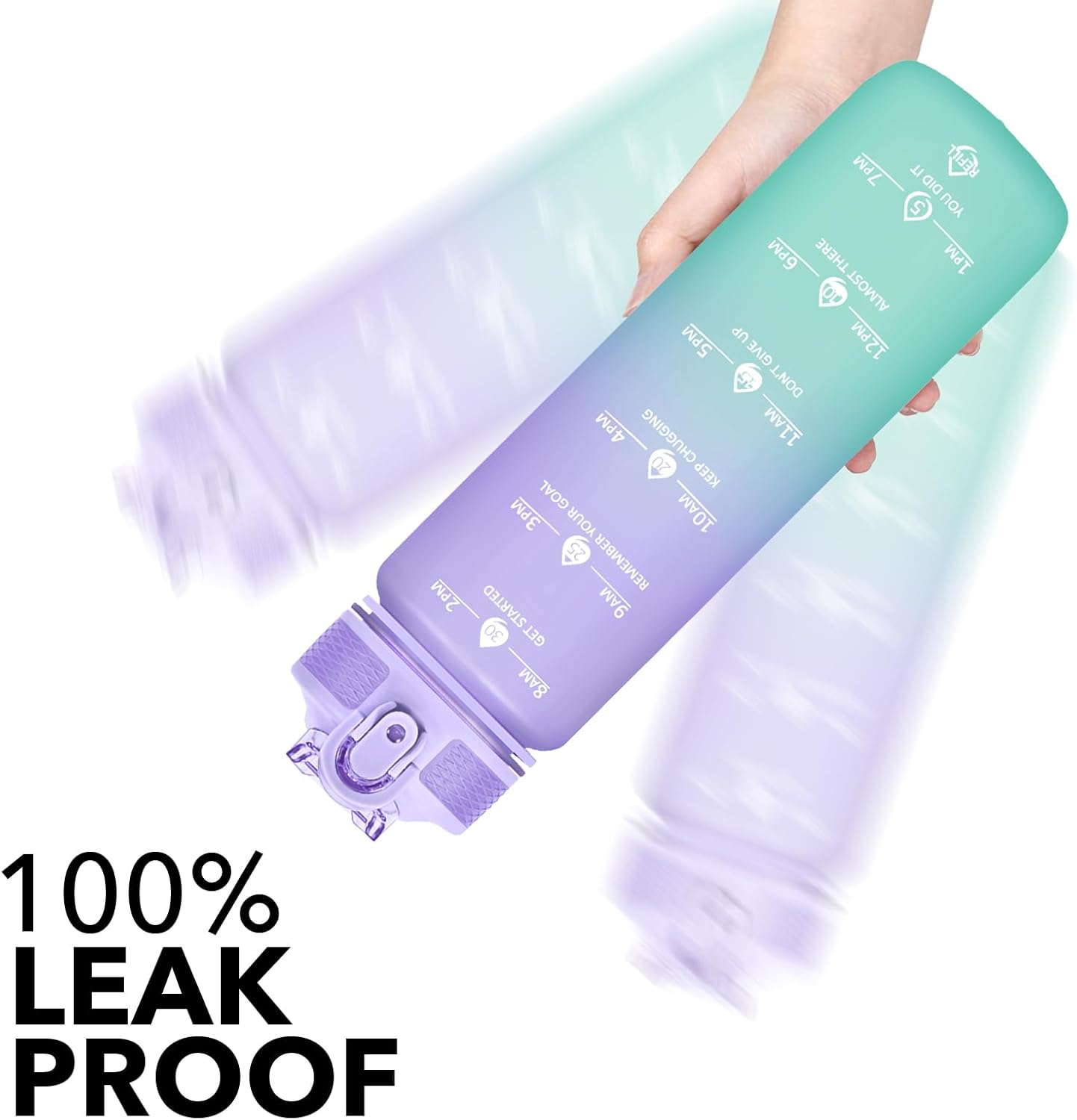 Plastic Water Bottle With Straw & Time Marker, 32oz Leakproof Jug | Motivational Tritan BPA Free Gym Office Outdoor Intake Tracker Hourly Reminder Straw Lid Lightweight