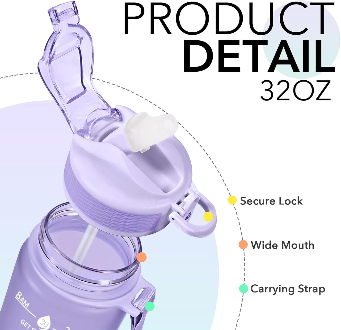 Plastic Water Bottle With Straw & Time Marker, 32oz Leakproof Jug | Motivational Tritan BPA Free Gym Office Outdoor Intake Tracker Hourly Reminder Straw Lid Lightweight