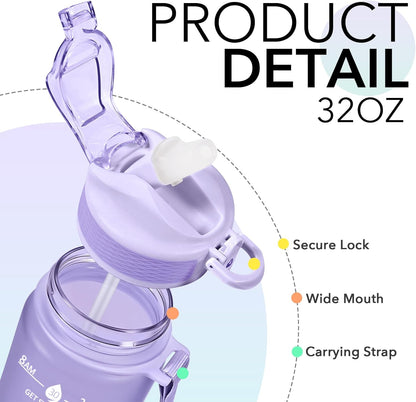 Plastic Water Bottle With Straw & Time Marker, 32oz Leakproof Jug | Motivational Tritan BPA Free Gym Office Outdoor Intake Tracker Hourly Reminder Straw Lid Lightweight