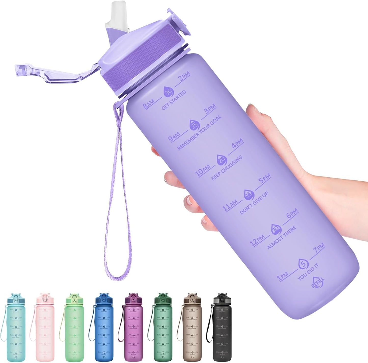 Plastic Water Bottle With Straw & Time Marker, 32oz Leakproof Jug | Motivational Tritan BPA Free Gym Office Outdoor Intake Tracker Hourly Reminder Straw Lid Lightweight