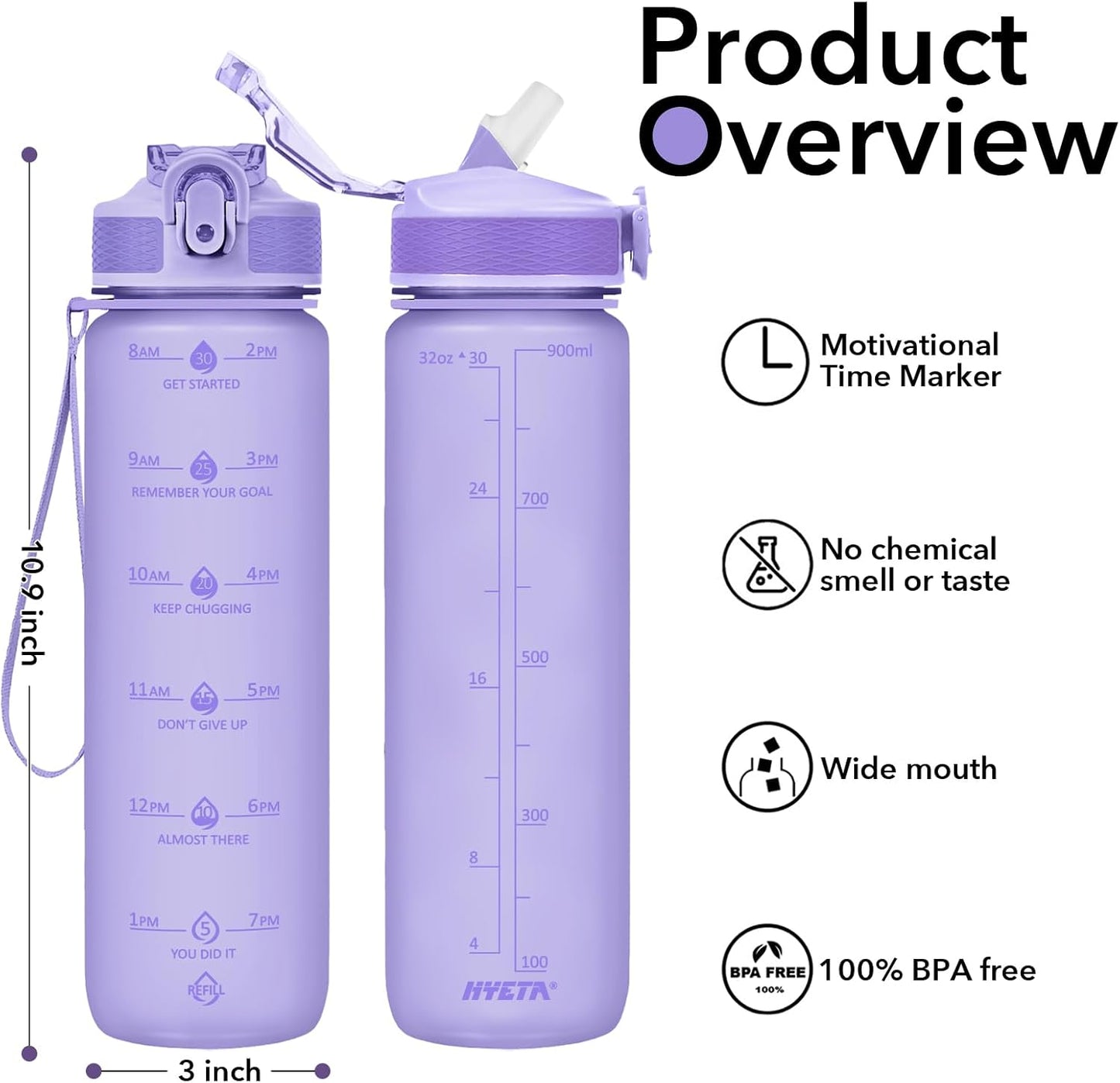 Plastic Water Bottle With Straw & Time Marker, 32oz Leakproof Jug | Motivational Tritan BPA Free Gym Office Outdoor Intake Tracker Hourly Reminder Straw Lid Lightweight