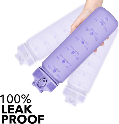 Plastic Water Bottle With Straw & Time Marker, 32oz Leakproof Jug | Motivational Tritan BPA Free Gym Office Outdoor Intake Tracker Hourly Reminder Straw Lid Lightweight