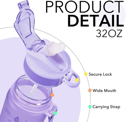Plastic Water Bottle With Straw & Time Marker, 32oz Leakproof Jug | Motivational Tritan BPA Free Gym Office Outdoor Intake Tracker Hourly Reminder Straw Lid Lightweight