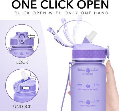 Plastic Water Bottle With Straw & Time Marker, 32oz Leakproof Jug | Motivational Tritan BPA Free Gym Office Outdoor Intake Tracker Hourly Reminder Straw Lid Lightweight