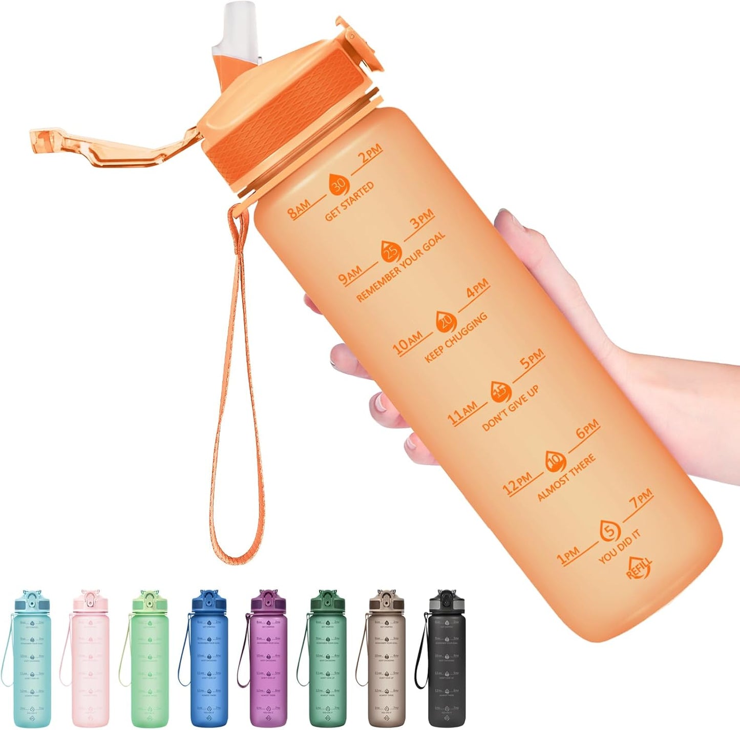 Plastic Water Bottle With Straw & Time Marker, 32oz Leakproof Jug | Motivational Tritan BPA Free Gym Office Outdoor Intake Tracker Hourly Reminder Straw Lid Lightweight