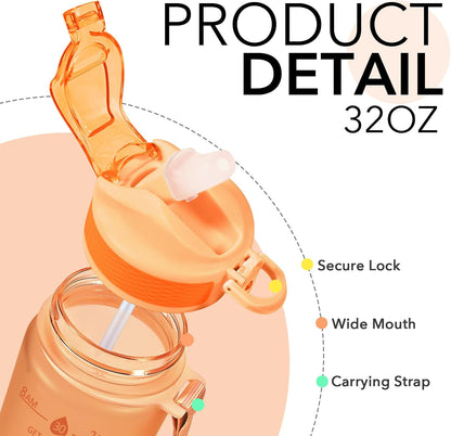 Plastic Water Bottle With Straw & Time Marker, 32oz Leakproof Jug | Motivational Tritan BPA Free Gym Office Outdoor Intake Tracker Hourly Reminder Straw Lid Lightweight