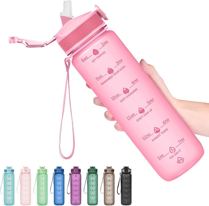 Plastic Water Bottle With Straw & Time Marker, 32oz Leakproof Jug | Motivational Tritan BPA Free Gym Office Outdoor Intake Tracker Hourly Reminder Straw Lid Lightweight